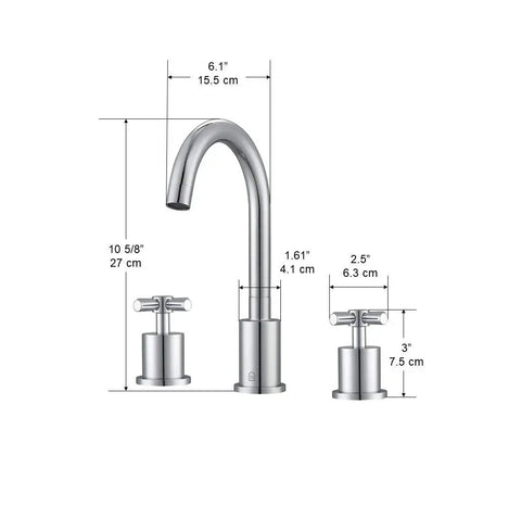 Prima 3 Bathroom Sink Faucet With 3-Hole Installation, Chrome Finish, Solid Brass Construction, measured dimensions view.