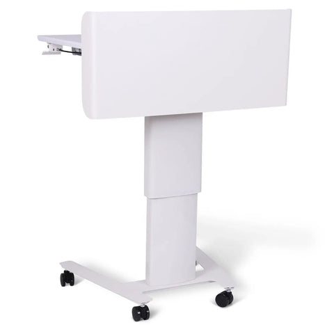 Effortless Height Adjustment Mobile Standing Desk With Quiet Rolling Wheels 28x23 Desktop, white frame with compact base.