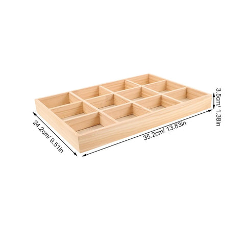 Solid Wood Jewelry Storage Tray With Twelve Grids For Rings And Bracelets Drawer Organizer with measurements on display.