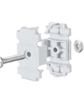 Six Piece Joiner Plates Kit For Closet Support Brackets And Shelf Organizer Grid Connectors With Heavy Duty Metal Wall Clamps and solid joint fasteners, showcasing a white plastic connector with a screw.