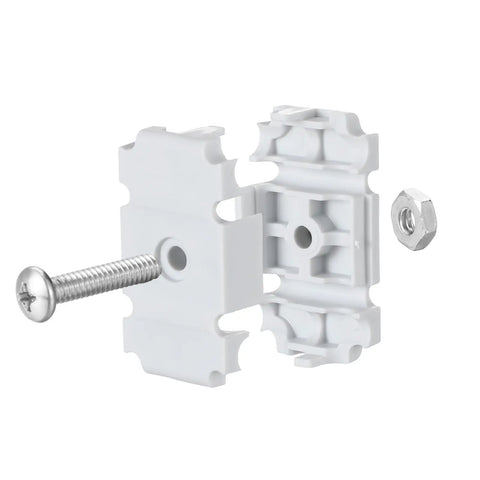 Six Piece Joiner Plates Kit For Closet Support Brackets And Shelf Organizer Grid Connectors With Heavy Duty Metal Wall Clamps and solid joint fasteners, showcasing a white plastic connector with a screw.