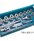 17 Piece Socket Set With 1 Inch Drive 32-80mm, 12 Point Sockets, Blue Sheet Metal Case open with tools inside, German Made Quality