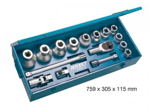 17 Piece Socket Set With 1 Inch Drive 32-80mm, 12 Point Sockets, Blue Sheet Metal Case open with tools inside, German Made Quality