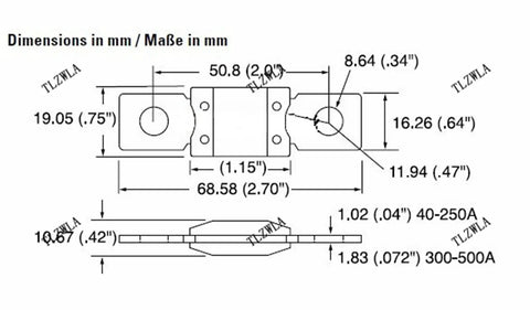 Technical dimensions of Heavy Duty ANL Car Fuse Kit, 100 Piece Mega Bolt On Blade Fuses, 40A to 400A diagram