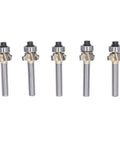 Durable Round Over Router Bit Set With 4 Inch Shanks And Four Flutes, featuring five bits for smoothing and chamfering wood.