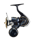 Side view of the Saltiga 6000P Spinning Reel for saltwater fishing, showing heavy duty design with 4.9 to 1 gear ratio and high capacity.