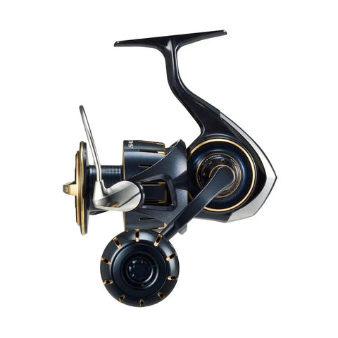 Side view of the Saltiga 6000P Spinning Reel for saltwater fishing, showing heavy duty design with 4.9 to 1 gear ratio and high capacity.