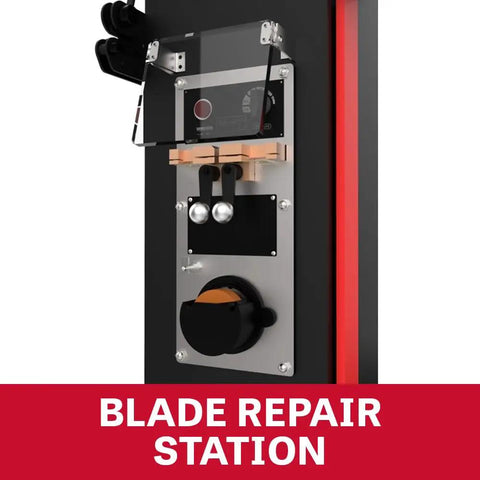 Close-up view of the blade repair station on the 26-Inch EVS Vertical Bandsaw With 3 HP, 230/460V 3-Phase, heavy-duty steel frame.
