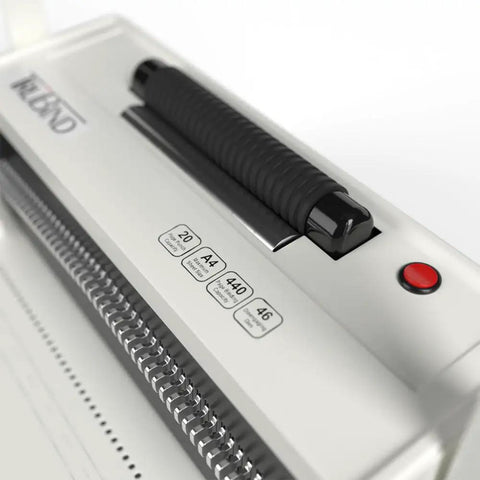 Close-up of the Coil Binding Machine With Electric Inserter And Foot Pedal, showing controls and binding capacity labels, 4 to 1 pitch.