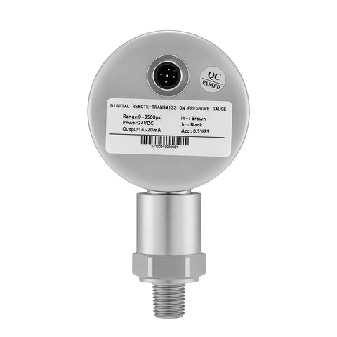 MEASUREMAN digital remote pressure gauge back view with circular 5-pin connector and QC Passed sticker