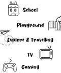 Illustrations of a backpack, playground, paper plane, TV, and game controller with text: School, Playground, Explore & Travelling, TV, Gaming.