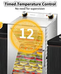 Rock Solid Stainless Steel Freeze Dryer Machine With Dual Airflow Fans Tempered Glass Front Panel And Precision Heat Setting, showing timed temperature control and drying fruit trays.