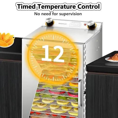 Badass 18 Layer Commercial Food Dehydrator Machine With Killer 360 Airflow Drying Rack For Jerky Fruits And Herbs Featuring Easy Clean Stainless Steel Trays That Make Prep A Total Breeze showing timed temperature control and trays with fruits.
