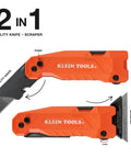 Klein Tools 2-in-1 folding utility knife and scraper, orange handle, built-in blade storage, front and side views.