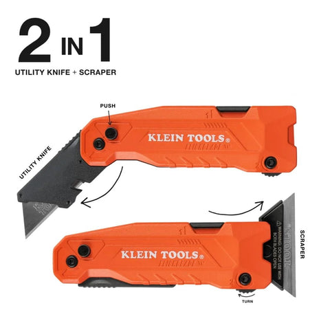Klein Tools 2-in-1 folding utility knife and scraper, orange handle, built-in blade storage, front and side views.