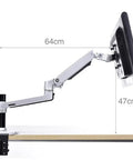 Smooth As Butter Articulating Monitor Desk Mount With Laptop Tray For Up To 32 Inch Screens Hella Adjustable Game Changer Workstation side view with measurements.