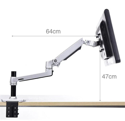 Smooth As Butter Articulating Monitor Desk Mount With Laptop Tray For Up To 32 Inch Screens Hella Adjustable Game Changer Workstation side view with measurements.