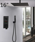 Badass Matte Black Ceiling Mount Shower System With Digital Display Mixer Tap And Ultra Thin Rainfall Head delivering 16-inch rainfall experience.