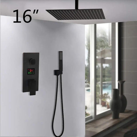 Badass Matte Black Ceiling Mount Shower System With Digital Display Mixer Tap And Ultra Thin Rainfall Head delivering 16-inch rainfall experience.