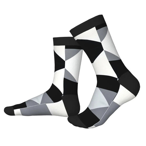 Fresh Black And White Grid Pattern Ankle And Crew Socks Men Women Unisex Athletic Daily Workout Breathable Polyester Blend showing geometric pattern.