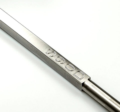 Close-up of carbide wood lathe turning tool, 90-detailer, full-size, stainless steel, unhandled
