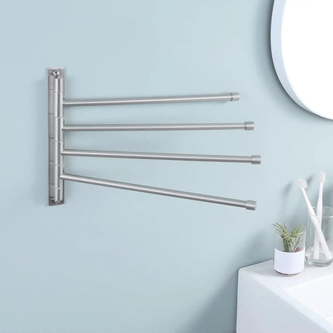 Super Sturdy Heavy Duty Swing Out Swivel Towel Rack For Bathroom With Four Arms Holds Multiple Towels Space Saving Wall Mount Brushed Stainless Steel Construction
