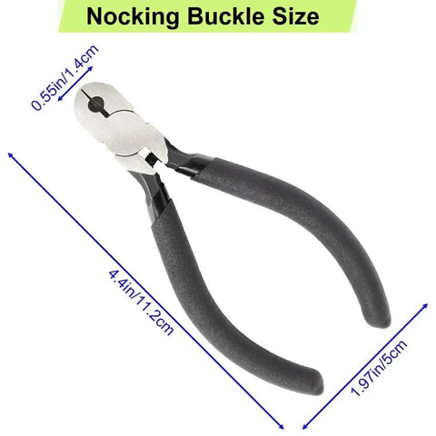 Nock pliers from Pro Grade Archery Bow Tuning Kit with T Square Ruler, dimensions shown on white background.