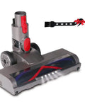 Floorhead Roller Brush Attachment With LED Headlights For Dyson V7 V8 V10 V11 V15 Vacuums Easy Install Replacement Part For Hard Floors Pet Hair Cheerios And Big Messes shown in a gray and red color with cleaning tool.