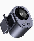 Clip On Car Fan With LED Display And 360 Degree Rotation, 199 Speed Settings, USB Rechargeable, dark gray, angled view showing clip