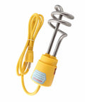 Fast As Lightning 1500W Immersion Water Heater Stainless Steel Portable Electric Kettle with yellow cord and spiral heating element.