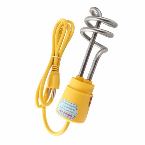 Fast As Lightning 1500W Immersion Water Heater Stainless Steel Portable Electric Kettle with yellow cord and spiral heating element.