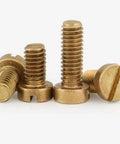 Heavy Duty Solid Brass Slotted Cheese Head Machine Screws M1.2 To M8 Metric Sizes Top Shelf Hardware Kit 4mm Length, close-up view of screws.