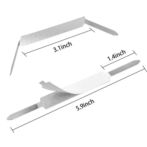 Peel And Stick Paper Fasteners 1 Inch Capacity 130 Count Tin Plated Steel Smooth Edge Clutch dimensions showing 3.1 inch and 5.9 inch sizes.