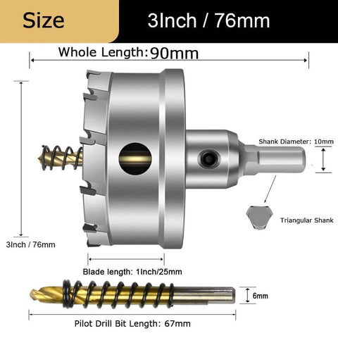 ASNOMY tungsten carbide tipped 3in hole saw with 10 mm shank; includes 2 titanium-plated pilot bits for metal, plastic