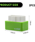 Two Piece OBD2 Fuel Saver Plug And Driver For Most Cars Energy Saving Tuning Accessory, dimensions shown, green color