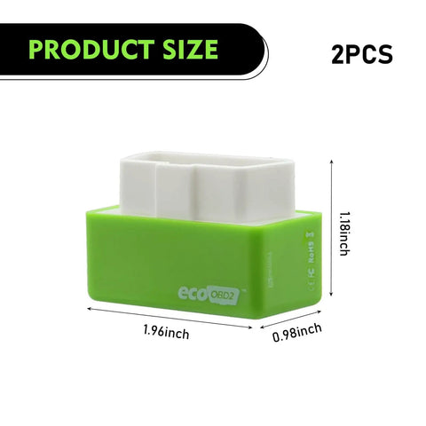 Two Piece OBD2 Fuel Saver Plug And Driver For Most Cars Energy Saving Tuning Accessory, dimensions shown, green color