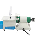 750W 5-in-1 Bench Grinder Polisher With Variable Speed Motor, cuts and grinds with precise attachment and blue container.