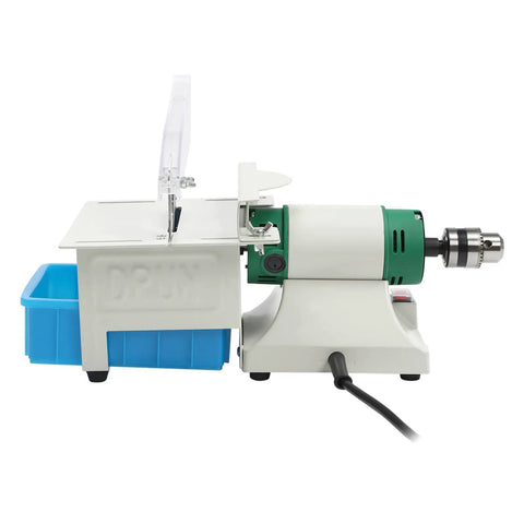 750W 5-in-1 Bench Grinder Polisher With Variable Speed Motor, cuts and grinds with precise attachment and blue container.