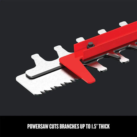 Close-up of dual-action blades on 22 Inch Corded Hedge Trimmer With Power Saw Branch Cutter 3.8 Amp Motor 1.5 Inch cut capacity.