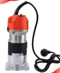Electric Wood Slotting Machine With Aluminum Construction And Precise Electronic Components, Easy To Operate And Accurate Measuring For Wood Trimming, Edge Banding, And Crafting Christmas Decorations, Built Tough For Home Shops. Compact red and black electric wood slotting machine with clear base and cord