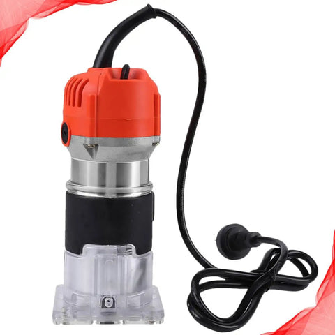 Electric Wood Slotting Machine With Aluminum Construction And Precise Electronic Components, Easy To Operate And Accurate Measuring For Wood Trimming, Edge Banding, And Crafting Christmas Decorations, Built Tough For Home Shops. Compact red and black electric wood slotting machine with clear base and cord