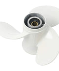 Beefed Up Aluminum Alloy Boat Propeller For Yamaha Outboard Motors Nine Point Nine To Fifteen HP Eight Spline Shaft Nine And A Quarter Inch Diameter With Pitch Options Of Nine Or Ten Inches, showing top view.