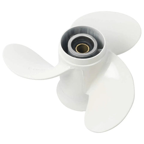 Beefed Up Aluminum Alloy Boat Propeller For Yamaha Outboard Motors Nine Point Nine To Fifteen HP Eight Spline Shaft Nine And A Quarter Inch Diameter With Pitch Options Of Nine Or Ten Inches, showing top view.
