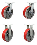Set of 4 red wheels from 12 Inch Swivel Top Plate Caster Set Heavy Duty Red Polyurethane On Cast Iron Wheel Pack With 2 Braked Swivel Casters