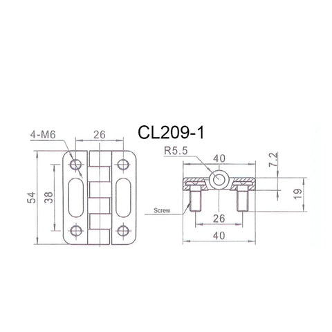 Technical drawing of Beefy 2 Piece Heavy Duty Door Hinges Black Zinc Alloy For Kitchen Cabinets And Furniture DIY Hinges Rust Resistant Durable Long Lasting 54 By 40 Millimeters Folding Corner Style CL209 1 with measurements visible.