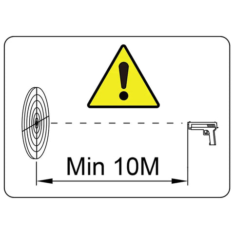 Safety distance warning for Portable Full Metal Quad Hog Target Set For Pellet And BB Guns Knock-Down Targets with caution symbol.