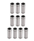 LM8LUU Linear Ball Bearings 10 Pack 8mm Bore 15mm OD 45mm Extra Long Double Sealed Units arranged in two rows, metallic finish.