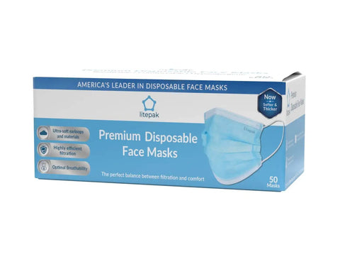 Litepak premium disposable face masks box with 50 blue masks, highlighting ultra-soft ear loops and high filtration, optimal breathability.