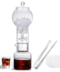No Fuss Top Shelf Borosilicate Glass Cold Brew Drip Tower Ice Drip Coffee Maker 20 Oz Capacity set with ice holder and coffee.