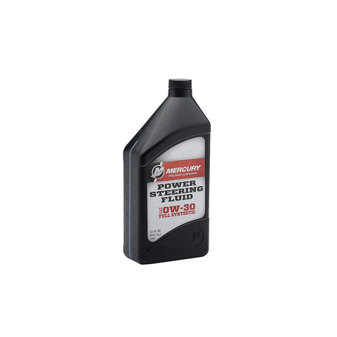 Side view of 0W30 Synthetic Power Trim And Steering Fluid For Marine Electric Systems, Compatible With Verado JPO Electric Steering And Zeus Drives, Transmission And Actuator Use, 32 Oz Quart, OEM Spec bottle.